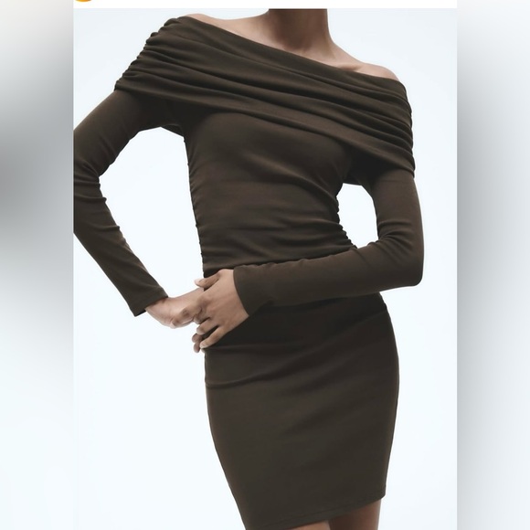 NWOT Zara Ruched Off The Shoulder Dress Size Medium in Brown - Picture 1 of 8